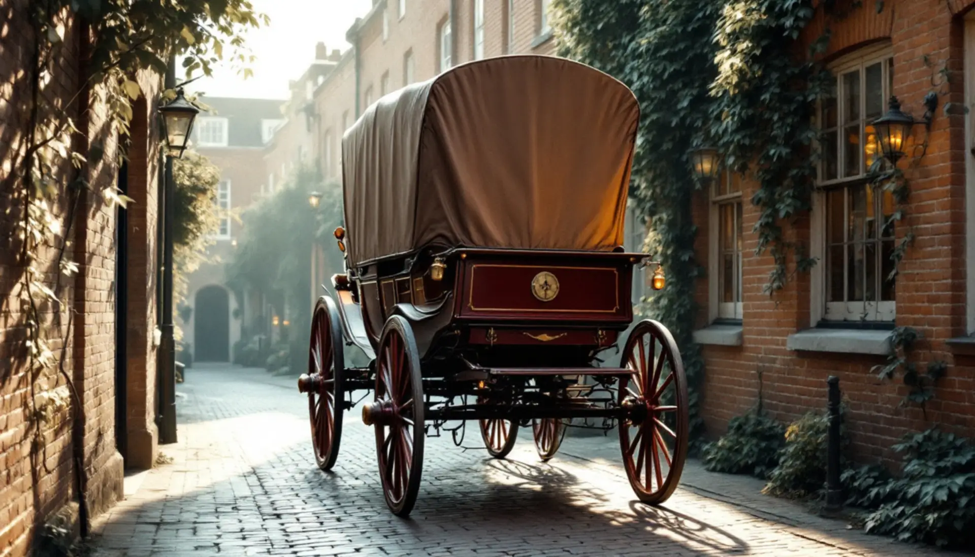 An oxblood covered carriage parked in a quiet cobbled mews
